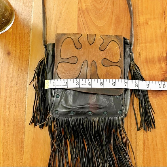 Vintage Boho Western Festival Brown Leather Cross Body Bag with Fringes. - Picture 8 of 11